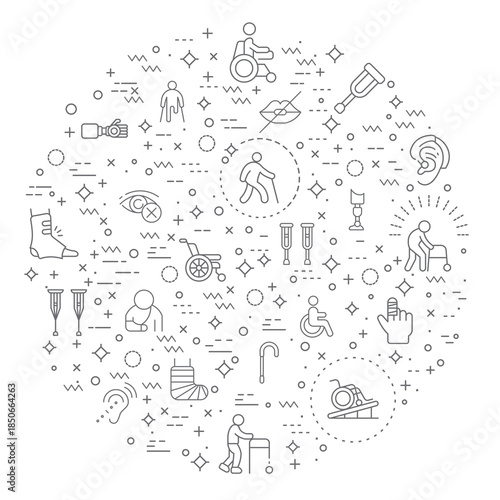 Simple Set of Disability People Related Vector Illustration. Contains such Icons as Disabled health care, medical tools, equipment stick figure, crutches, wheelchair, cane, electric wheelchair