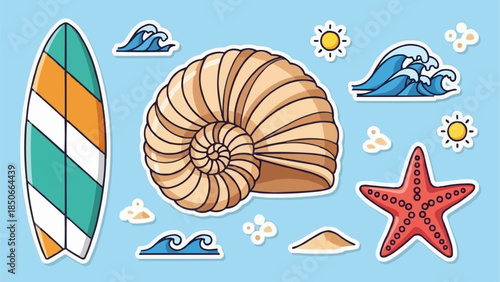 Surfboard Seashell Starfish and Ocean Waves Summer Beach Elements.