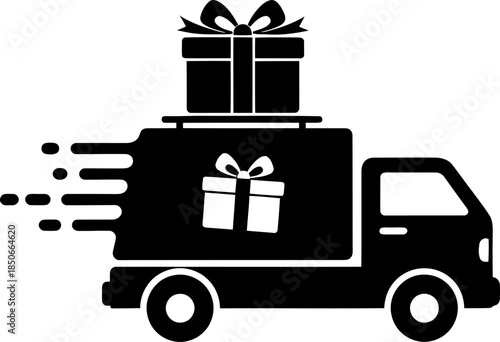 Fast Delivery Truck Carrying Gift Boxes in Motion Silhouette