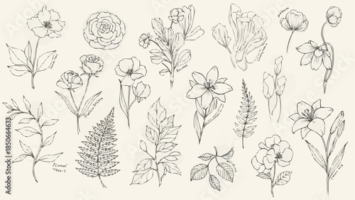 Collection of Hand Drawn Botanical Illustrations of Various Flowers and Leaves.