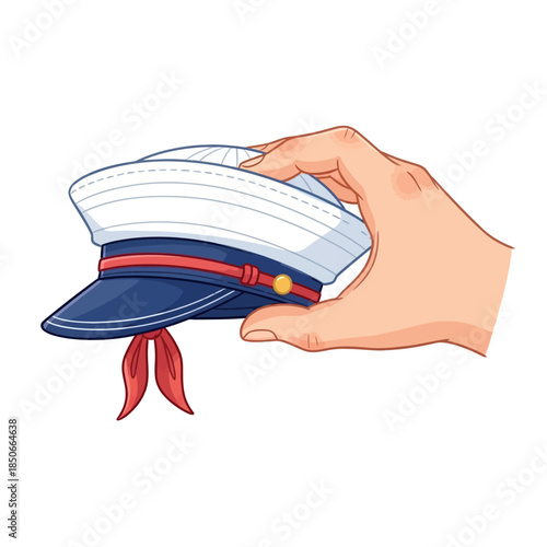 Hand holding naval captain hat with red ribbon and white top, ax-14 illustration style