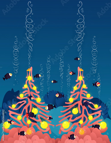 Underwater Holiday Coral Trees with Glowing Ornaments, Bubbles and Tropical Fish