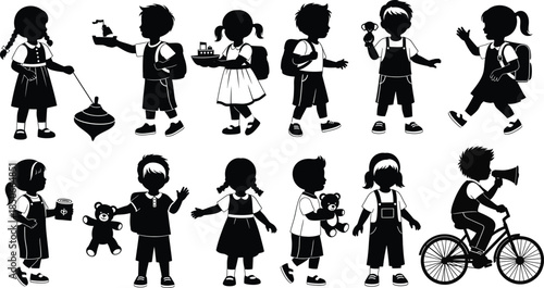 A diverse collection of children silhouettes illustrating play, school, and various activities