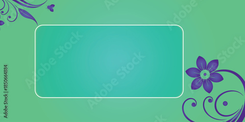 Decorative green gradient background with floral corner elements, elegant purple flower accents, rounded rectangle frame, modern ornamental design, creative greeting card style layout, soft vibrant co