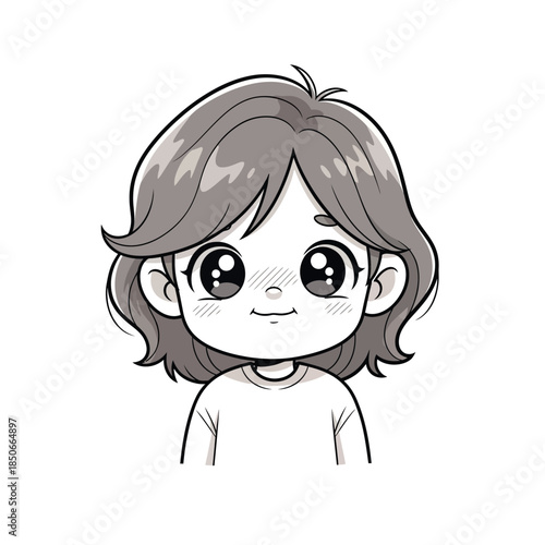 A cheerful girl with short hair smiles in a charming illustration.