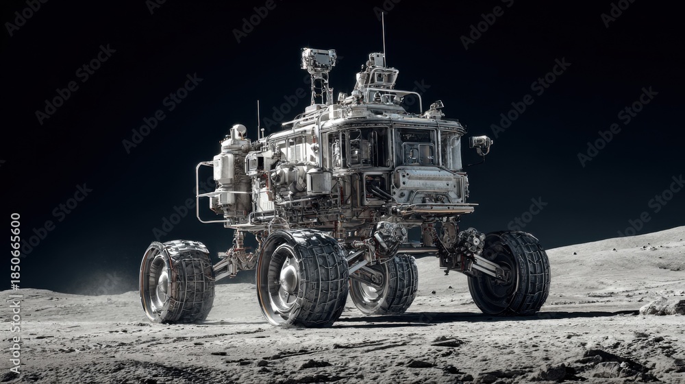 Fototapeta premium Futuristic Lunar Rover Exploring the Surface of an Alien Moon with Detailed Mechanical Features and Rugged Terrain