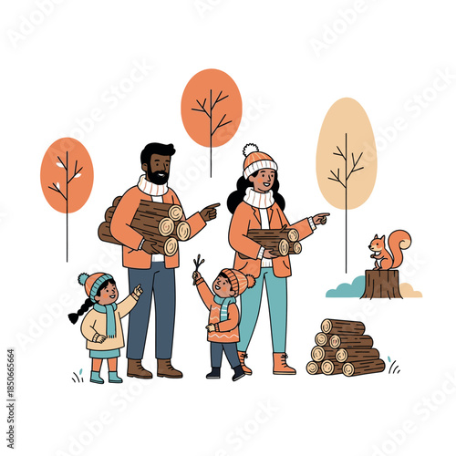 A family in warm clothing collects firewood in an autumnal forest with a squirrel.