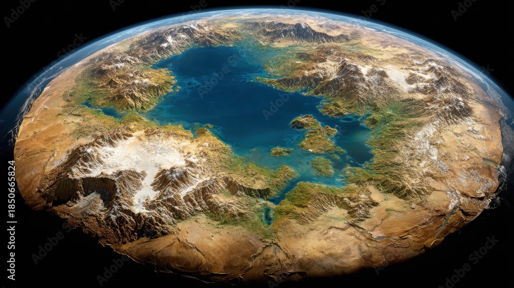 Fototapeta premium Stunning Aerial View of a Dynamic Planet Landscape Featuring Water Bodies, Mountains, and Diverse Terrain under Blue Sky