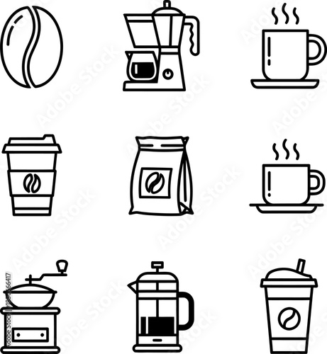 Coffee icons collection with coffee bean, cup, and brewer silhouette