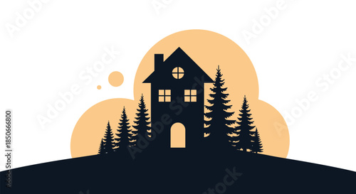 Silhouette of a two story house surrounded by tall pine trees on a hill against a large orange setting sun and stylized clouds at dusk.