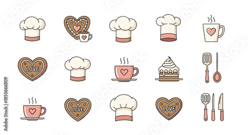 Extensive set of bakery and cafe themed icons including chef hats heart shaped cookies cupcakes coffee mugs and various kitchen utensils.