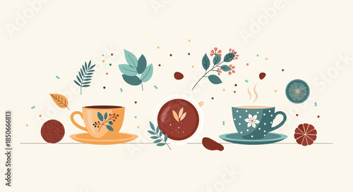 Horizontal banner design with coffee cups and saucers decorated with autumn leaves and floral patterns surrounded by seasonal elements.