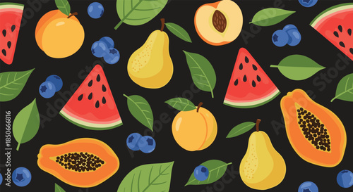Seamless fruit pattern featuring watermelons pears peaches papayas and blueberries scattered on a dark black background for textile print.