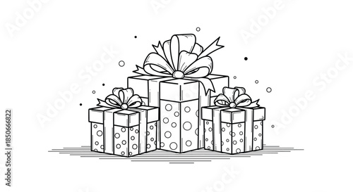Elegant black and white line drawing of three stacked gift boxes with various patterns and large decorative ribbons for holiday celebration.