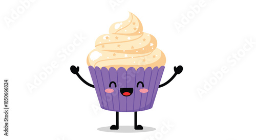 Happy cartoon cupcake character with a friendly smiling face and a tall swirl of cream in a purple wrapper for party and bakery themes.