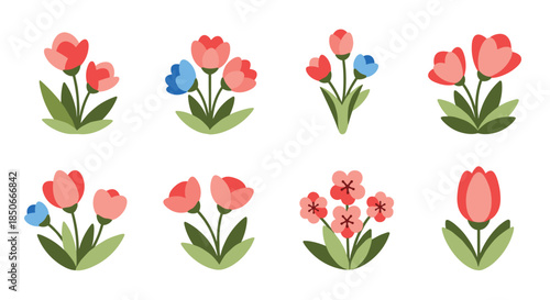 Assortment of colorful flower bouquets featuring red and blue blossoms with green foliage, isolated on a plain white background.