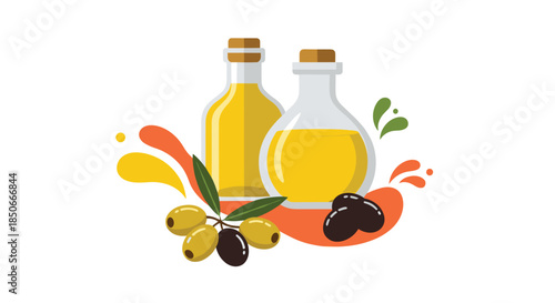 Stylized illustration featuring glass bottles of golden olive oil surrounded by fresh green and black olives with artistic splashes.