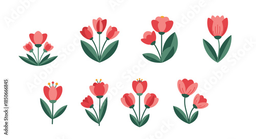 Collection of red tulip floral compositions with green leaves shown in different groupings, isolated on a white background.