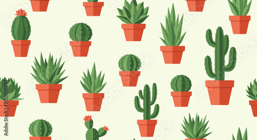 Seamless background pattern featuring a variety of green cacti and succulents in red terracotta pots over a soft cream color.