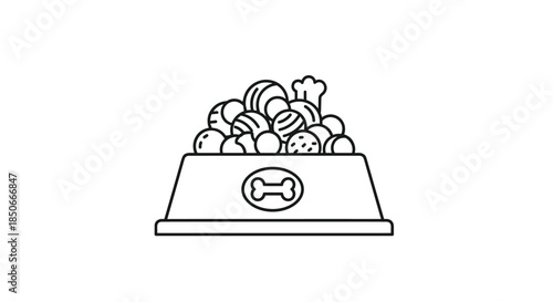 Simple black and white line art illustration of a pet food bowl overflowing with round treats and a bone symbol on the side.