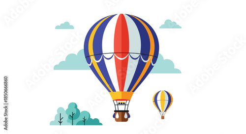 Vibrant hot air balloons with red, blue, and yellow stripes floating gracefully in a sky filled with soft clouds and stylized trees.