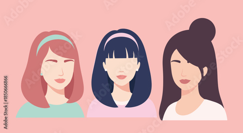 Stylish illustration showing three diverse women with different hairstyles and hair colors, set against a soft pink background.