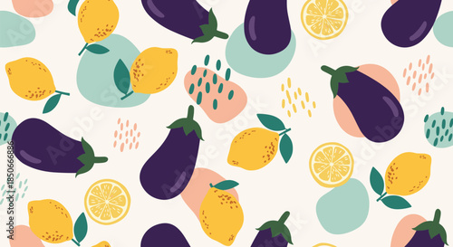 Artistic seamless pattern featuring whole purple eggplants and yellow lemons with abstract pastel shapes and dots.