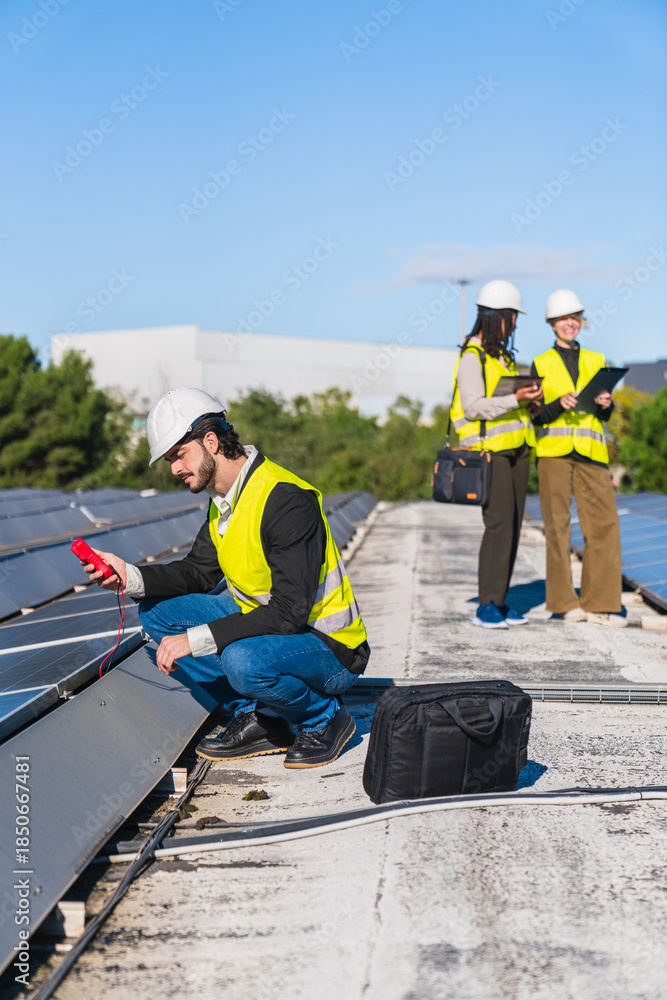 Fototapeta premium Team of technicians conducting maintenance and inspecting solar panels on a rooftop, ensuring optimal renewable energy generation
