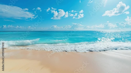 Turquoise ocean waves gently washing sandy beach under bright summer sky