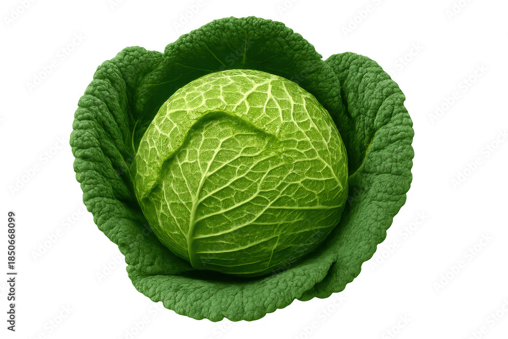 Fototapeta premium Savoy cabbage head displaying fresh green textured leaves. Healthy organic raw vegetable food, transparent background