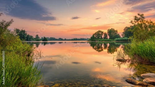 Golden sunset reflecting on calm lake surrounded by peaceful natural landscape