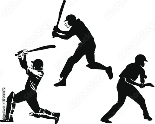 Cricket players silhouettes batting fielding
