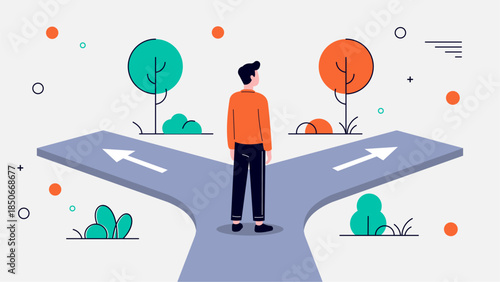 Person at Crossroads Making a Life Choice in Modern Flat Design