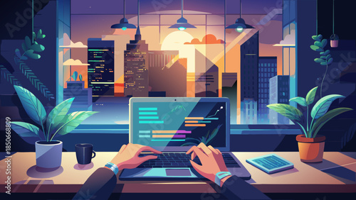 Modern office workspace with city view