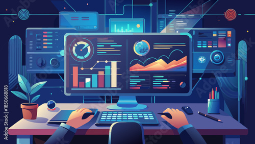 Analyzing market trends in futuristic office