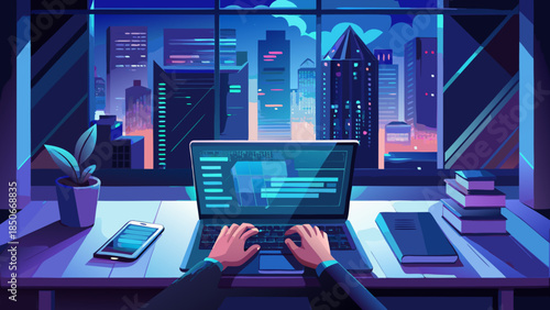 Modern workspace at night