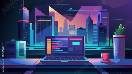 Modern workspace with city view