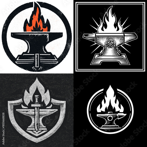 Forge anvil emblem illustration with fire flame and metal symbol. Blacksmith craftsmanship themed artwork representing strength industry and traditional forging identity.