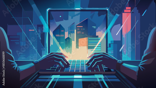 Cityscape coding at sunset