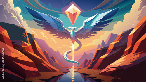 Celestial phoenix in valley of light