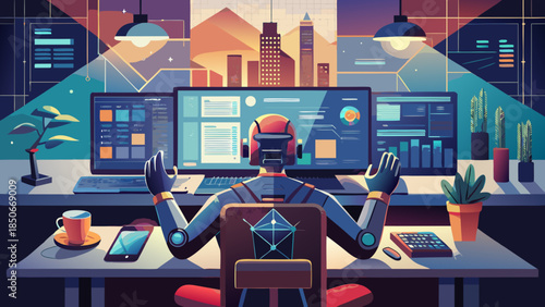 Modern workspace with multiple screens and virtual reality