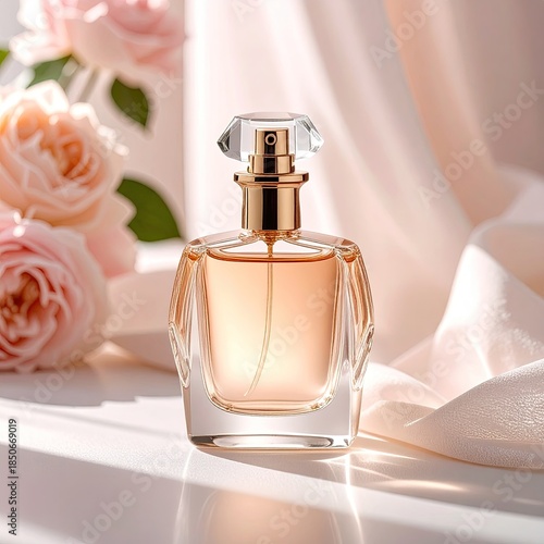 Perfume bottle, pale pink roses, soft fabric