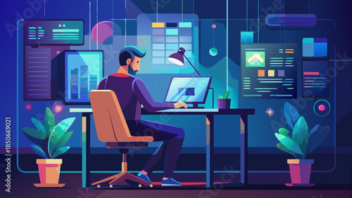 Developer working late in modern office