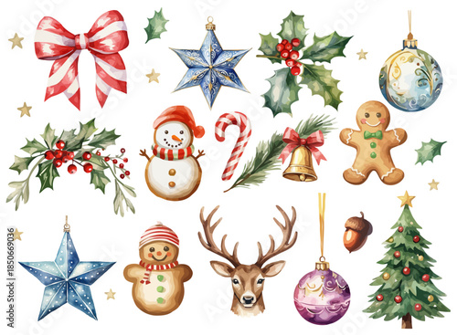 Set of Christmas decorations watercolor vector illustration,set of christmas elements