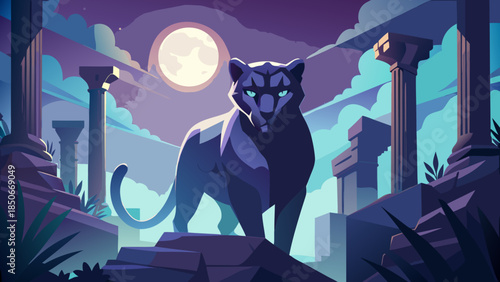 Mystical cat amidst ancient ruins