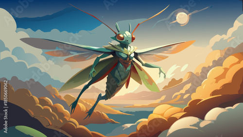 Mantis in flight at sunset