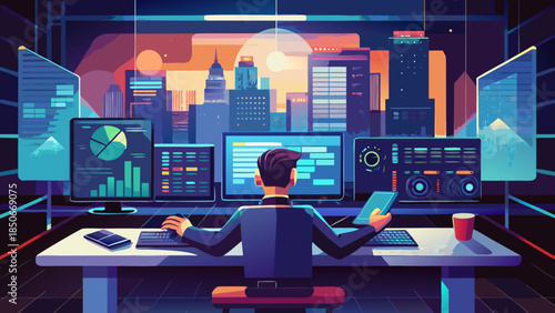 Modern office workspace with city view