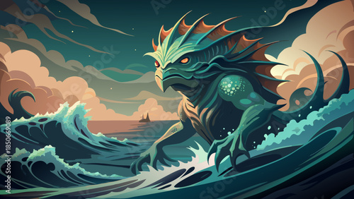 Mythical sea dragon amidst stormy waves