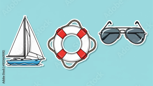 Nautical Summer Vacation Essentials - Sailboat Lifebuoy and Sunglasses.