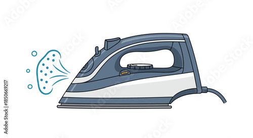 Electric steam iron with blue body and water spray illustration isolated on white background for domestic appliance concepts.